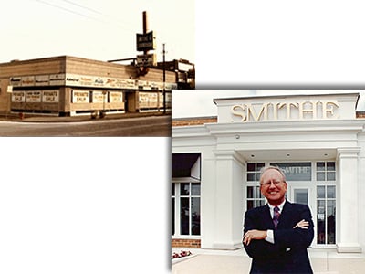 Our store at Belmont and Central in Chicago, Walter E. Smithe Jr. in front of a showroom